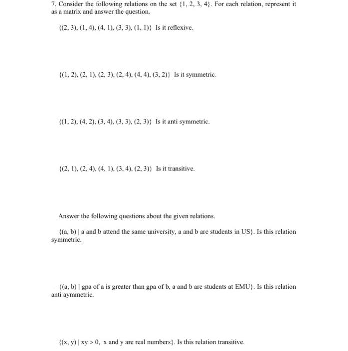 Solved 7. Consider The Following Relations On The Set | Chegg.com