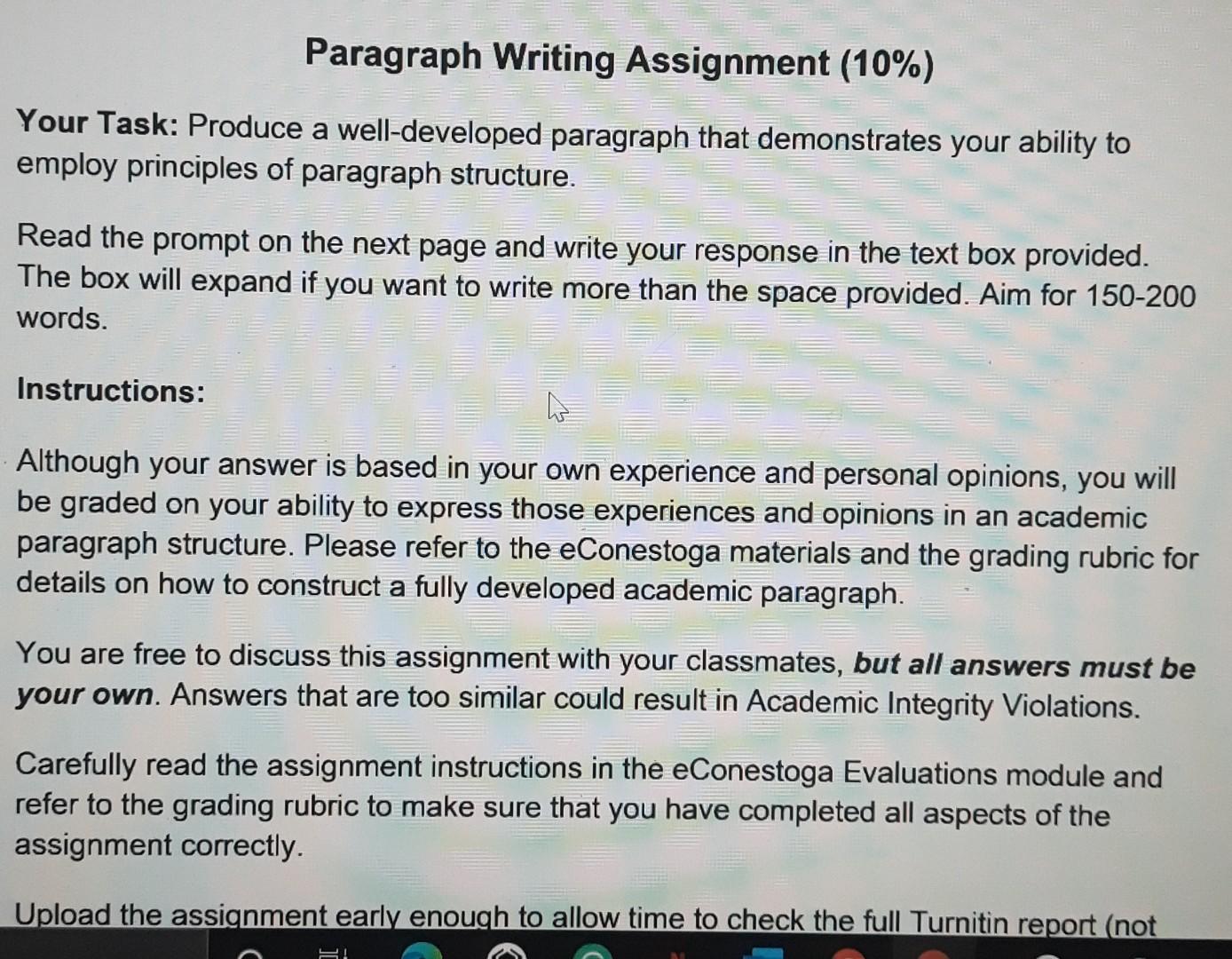 Paragraph Writing Assignment (10%) Your Task: Produce | Chegg.com