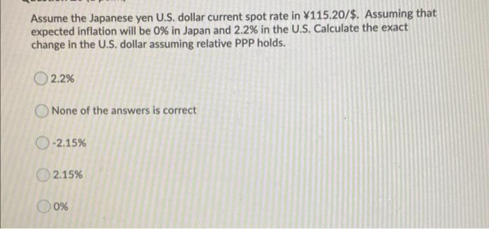 Solved Assume The Japanese Yen U.S. Dollar Current Spot Rate | Chegg.com