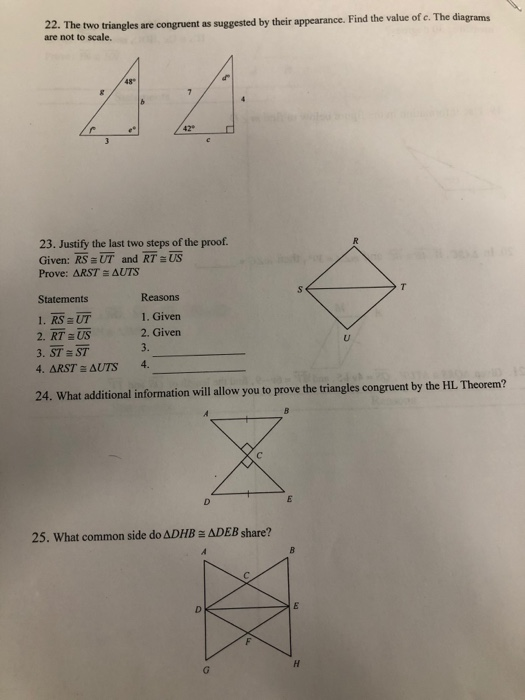 Solved 22. The two triangles are congruent as suggested by | Chegg.com