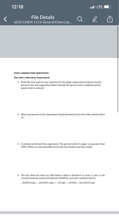 Solved POST-LABORATORY QUESTIONS Due After Laboratory | Chegg.com