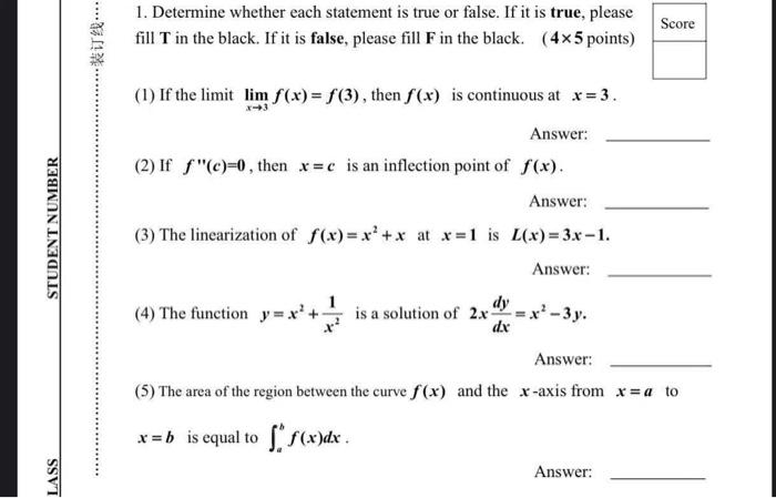 Solved 1. Determine whether each statement is true or false. | Chegg.com