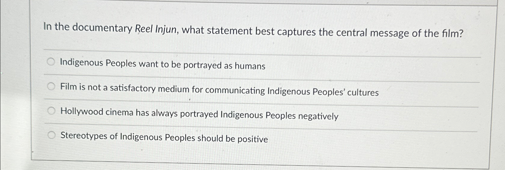 In the documentary Reel Injun, what statement best | Chegg.com