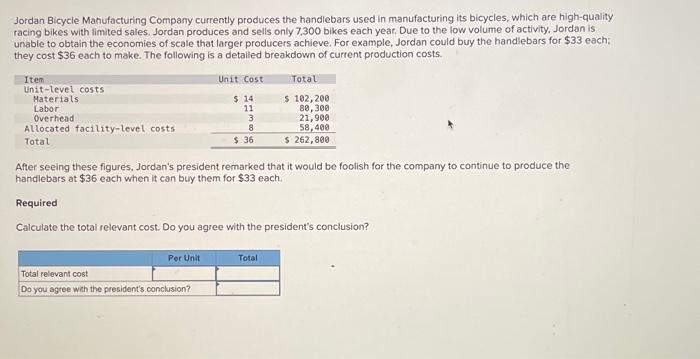 Solved Jordan Bicycle Manufacturing Company currently | Chegg.com