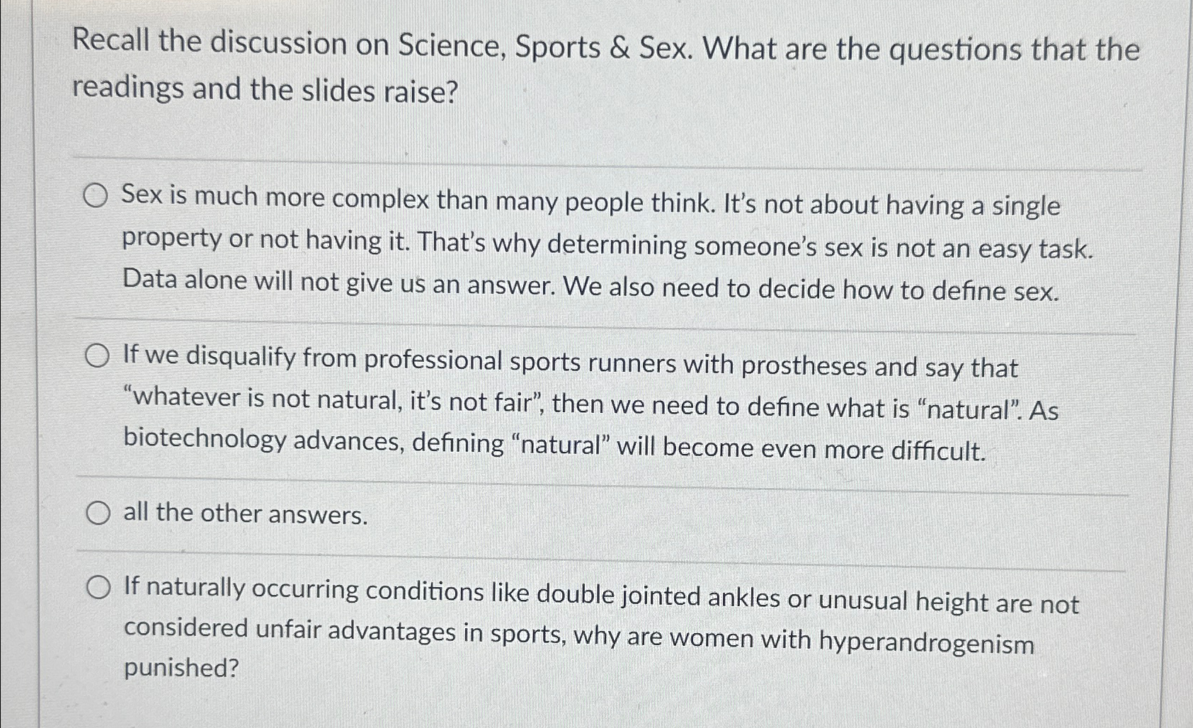 Solved Recall the discussion on Science, Sports & Sex. What | Chegg.com