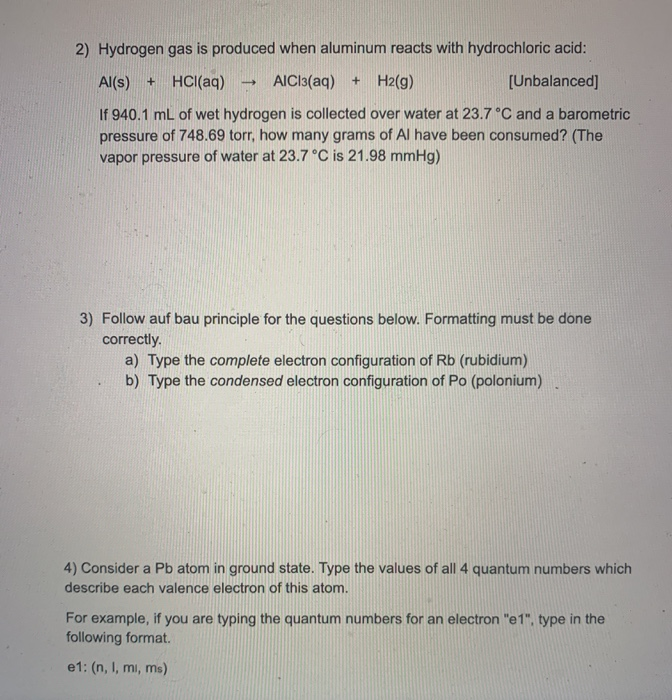 Solved 2) Hydrogen Gas Is Produced When Aluminum Reacts With | Chegg.com