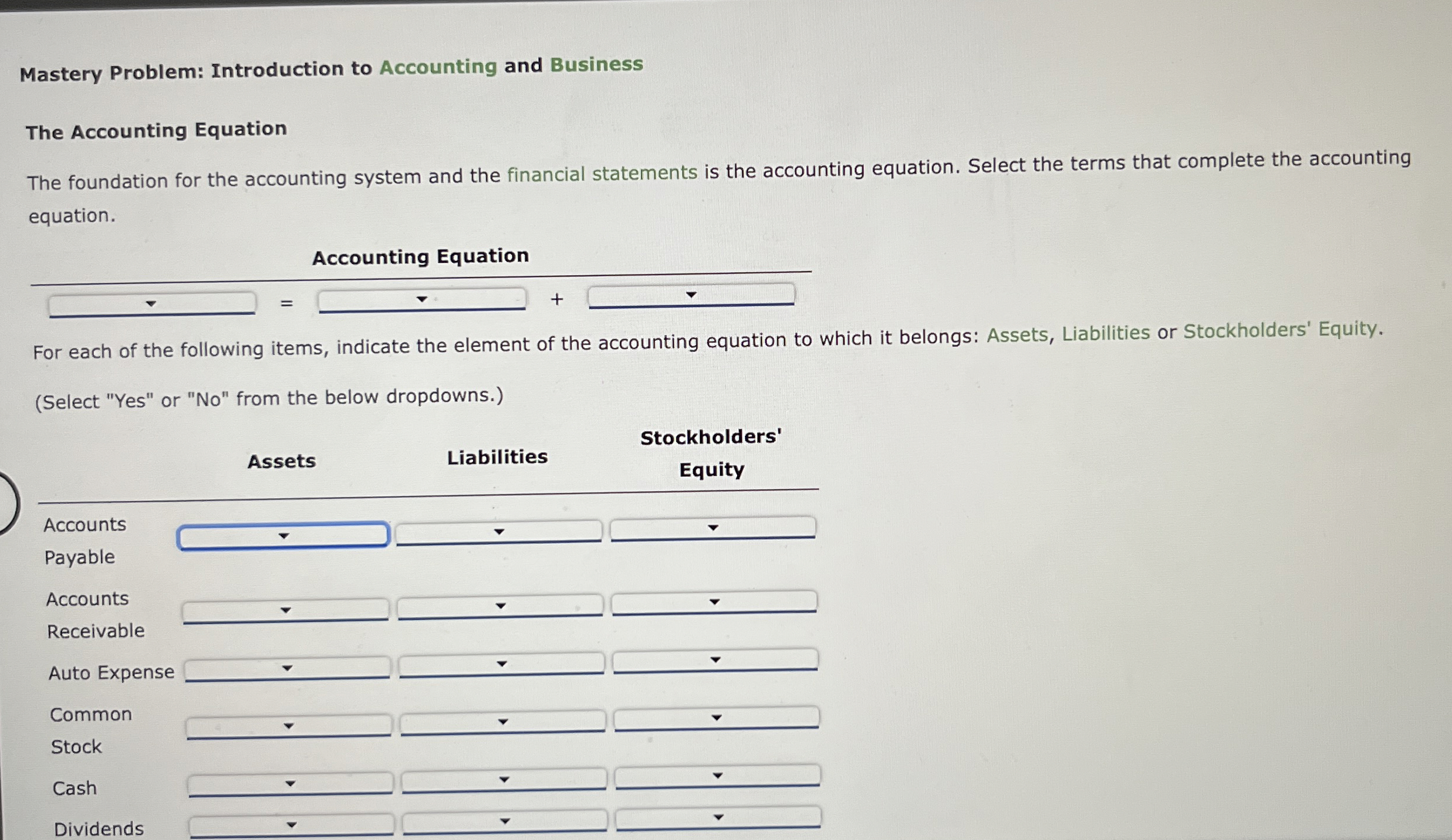 Solved Mastery Problem: Introduction to Accounting and | Chegg.com