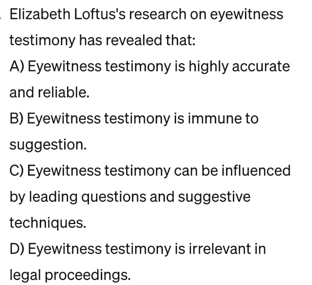 Solved Elizabeth Loftus's Research On Eyewitness Testimony | Chegg.com