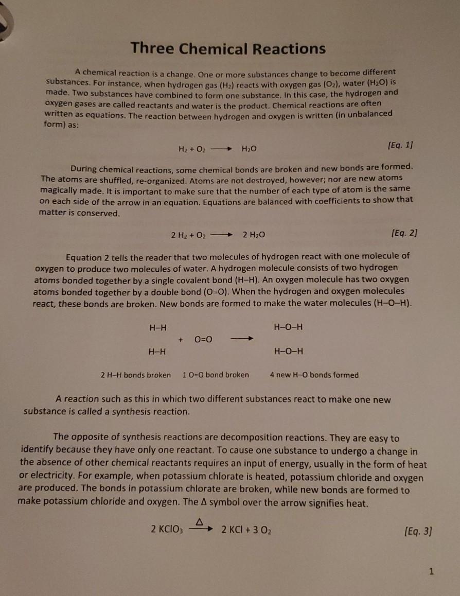 Solved Three Chemical Reactions Pre-lab Assignment 1. Using | Chegg.com