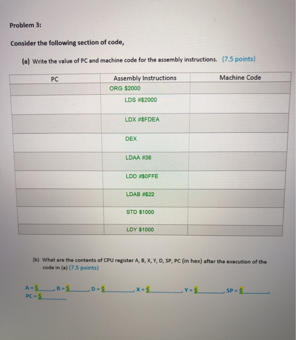Solved Problem 3: Consider the following section of code, | Chegg.com