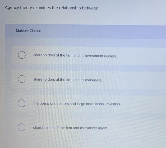 Solved Agency theory examines the relationship between: | Chegg.com