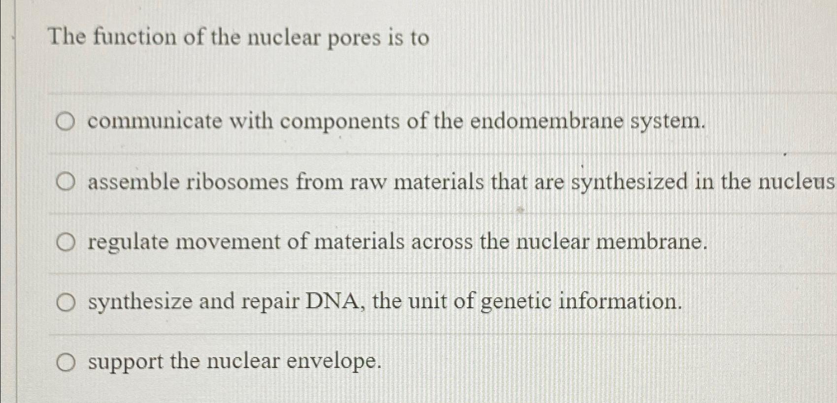 Solved The function of the nuclear pores is tocommunicate | Chegg.com