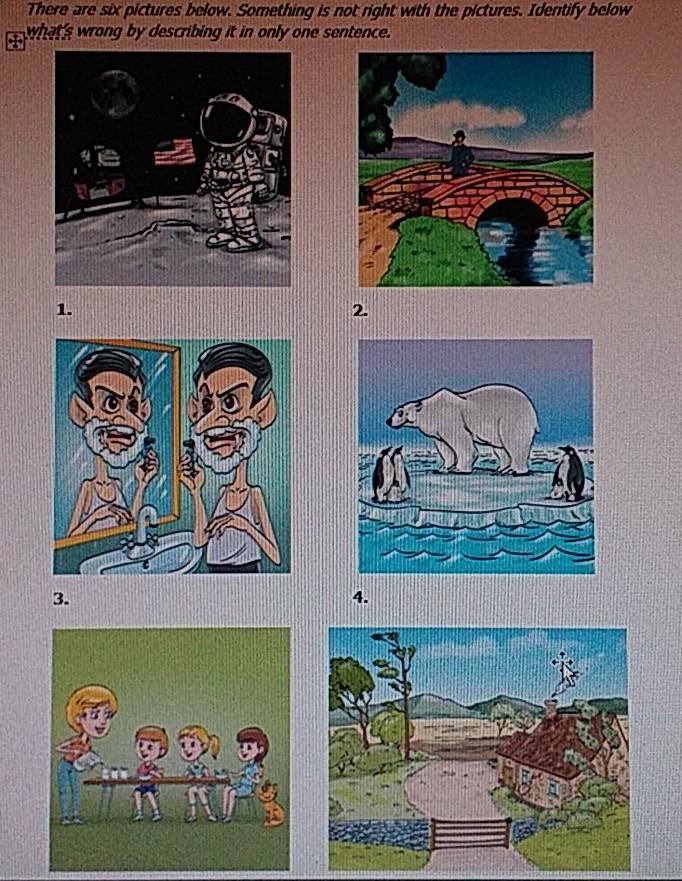 There are six pictures below. Something is not right with the pictures. Identify below whats wrong by describing it in only