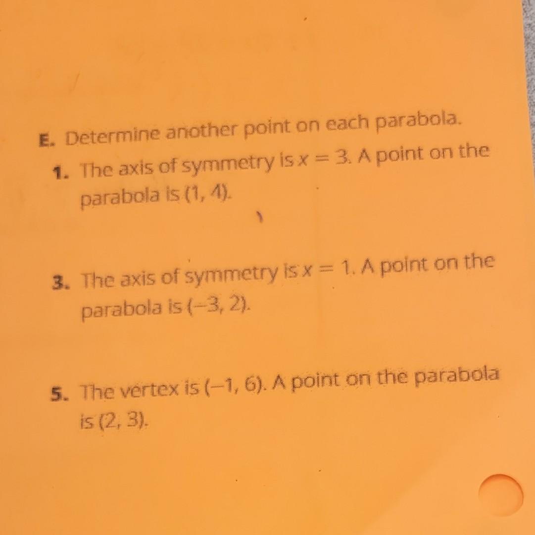 Solved E. Determine another point on each parabola. 1. The | Chegg.com