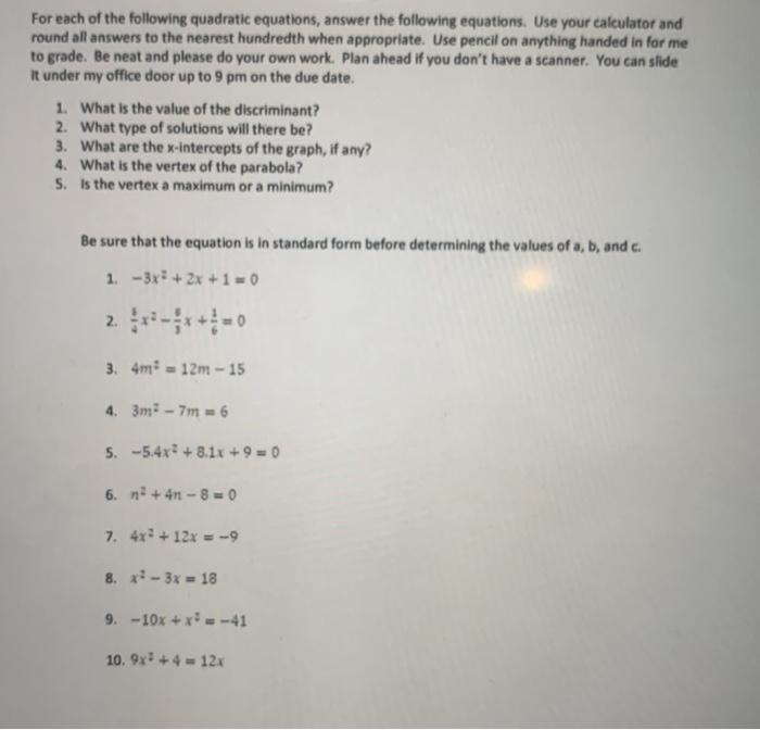 Solved For each of the following quadratic equations, answer | Chegg.com