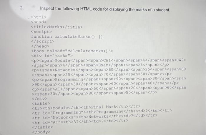 Solved 2. Inspect the following HTML code for displaying the | Chegg.com