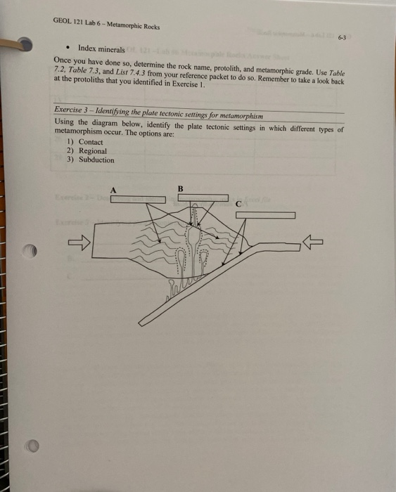Solved GEOL 121 Lab 6 - Metamorphic Rocks 6-3 Index minerals | Chegg.com