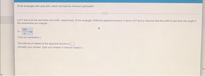 Solved ry Of all rectangles with area 324, which one has the | Chegg.com