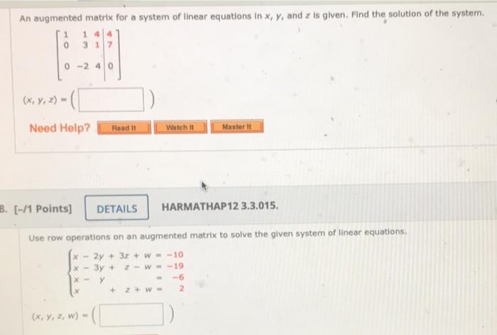 Solved An augmented matrix for a system of linear equations | Chegg.com