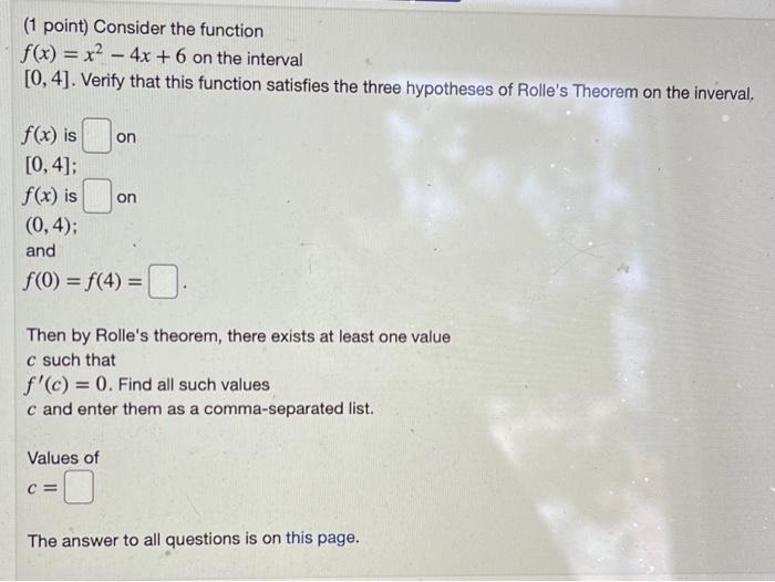 Solved (1 point) Consider the function f(x) = x2 - 4x + 6 on | Chegg.com