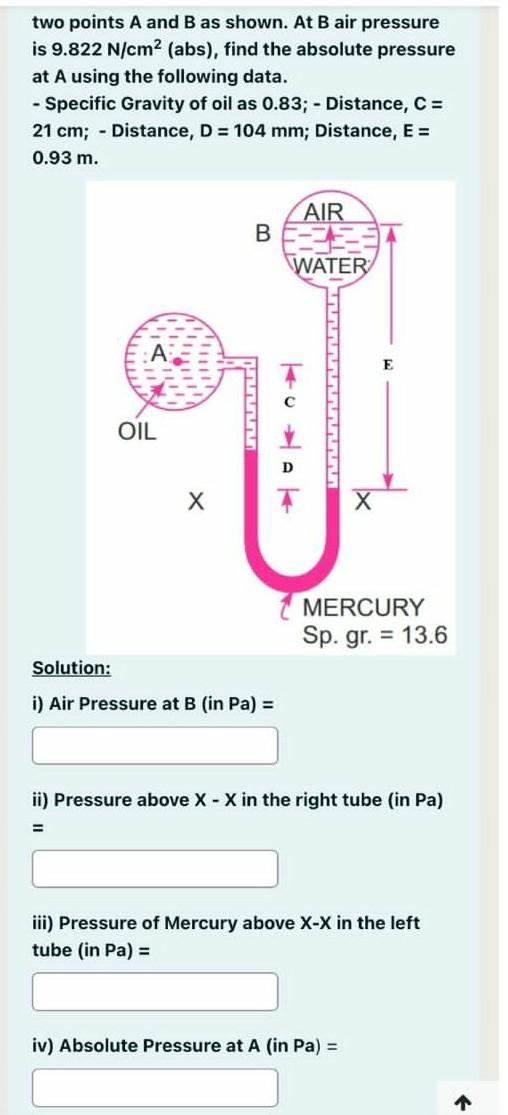 Solved two points A and B as shown. At B air pressure is | Chegg.com