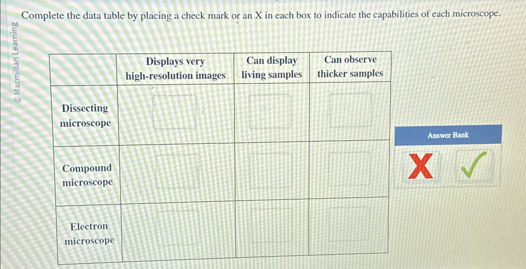 Solved Complete the data table by placing a check mark or an | Chegg.com