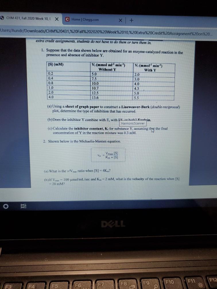 S Mm Vi Mmol Ml 1 Min Without Y Vi Mmol Chegg Com