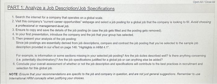 Solved PART 1: Analyze a Job Description/Job Specifications | Chegg.com