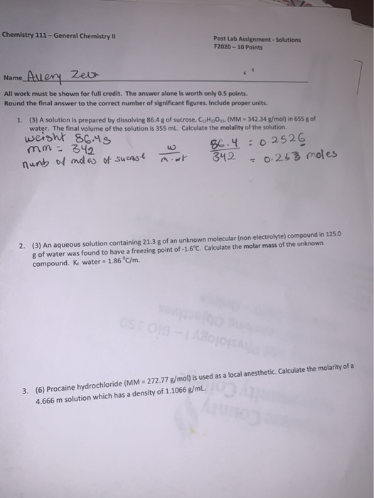 Solved Chemistry 111 - General Chemistry Post Lab Assignment | Chegg.com