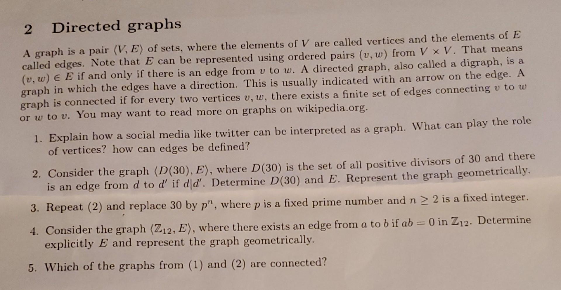 Solved 2 Directed graphs A graph is a pair (V, E) of sets, | Chegg.com