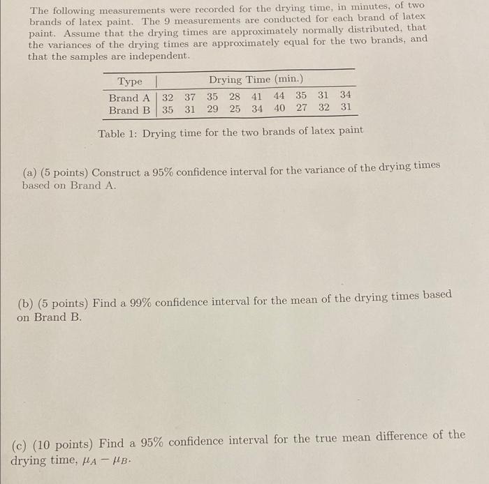 The following measurements were recorded for the drying time, in minutes, of two
brands of latex paint. The 9 measurements ar