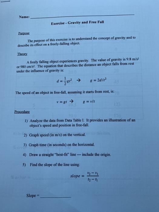 Solved Name: Exercise - Gravity and Free Fall Purpose The | Chegg.com