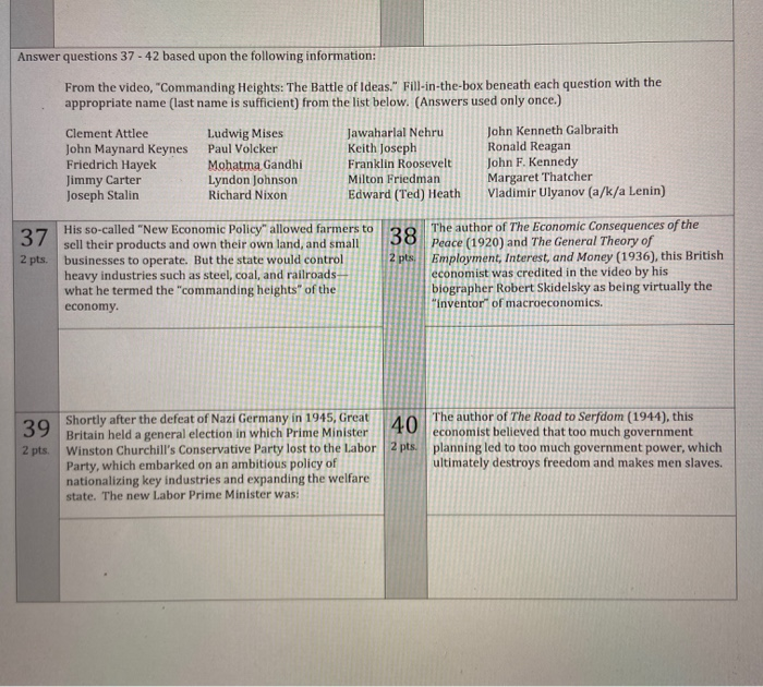 Solved Answer questions 37 - 42 based upon the following | Chegg.com