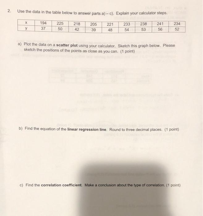 Solved 2. Use the data in the table below to answer parts | Chegg.com