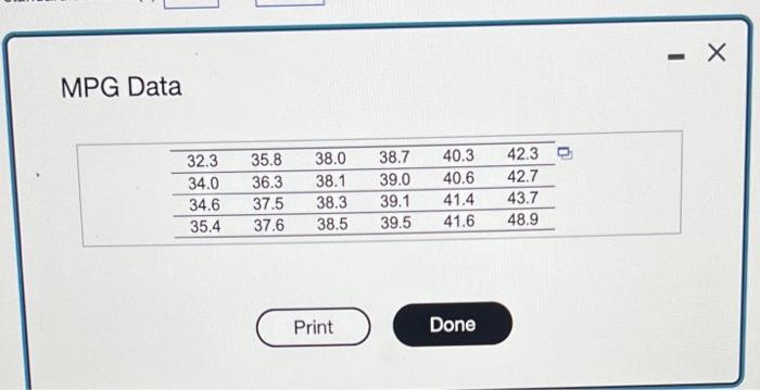 Solved The accompanying data represent the miles per gallon | Chegg.com