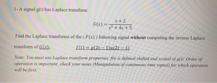 Solved 1- A signal g(t) has Laplace transform G(S) s +2 S2 + | Chegg.com