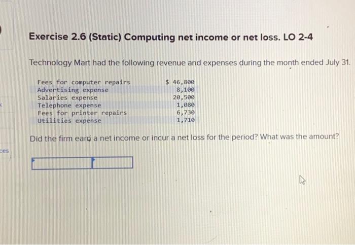 Solved Exercise 2.6 (Static) Computing net income or net | Chegg.com