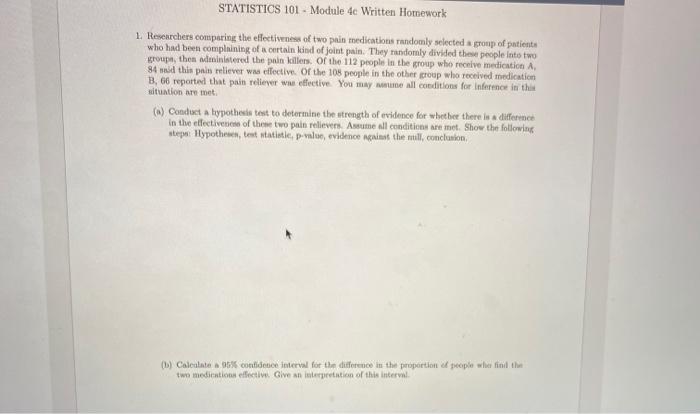 Solved STATISTICS 101 - Module 4c Written Homework 1. | Chegg.com