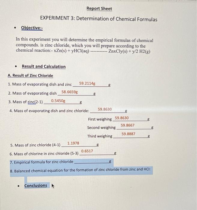 Solved Report Sheet EXPERIMENT 3: Determination of Chemical | Chegg.com