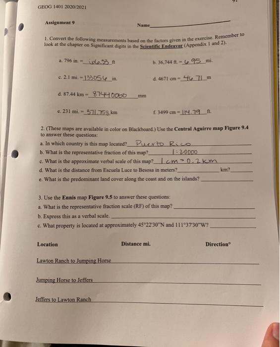 Solved GEOG 1401 2020/2021 Assignment 9 Name Convert the | Chegg.com