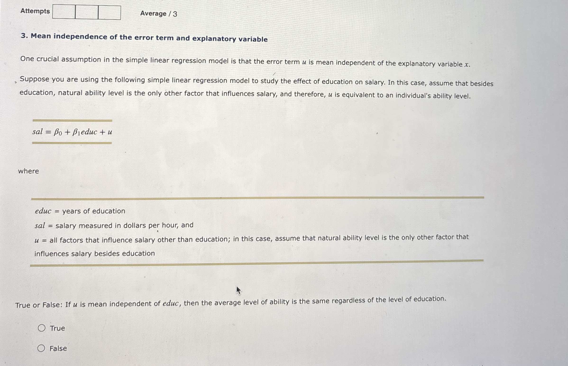 Solved Attempts ﻿Average / 33. ﻿Mean independence of the | Chegg.com