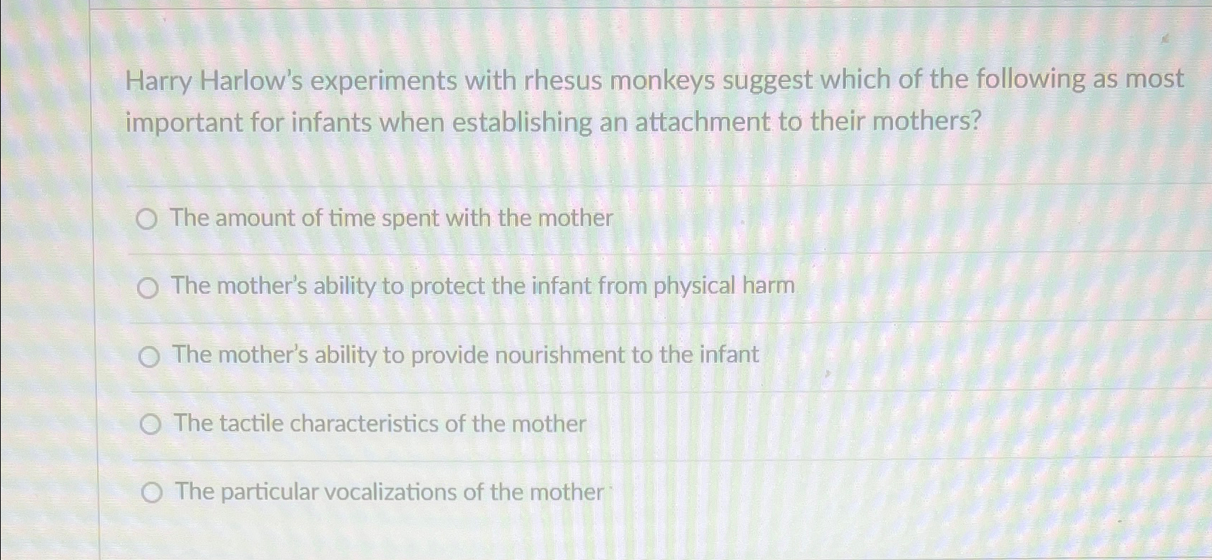 harry harlow's experiments with rhesus monkeys quizlet