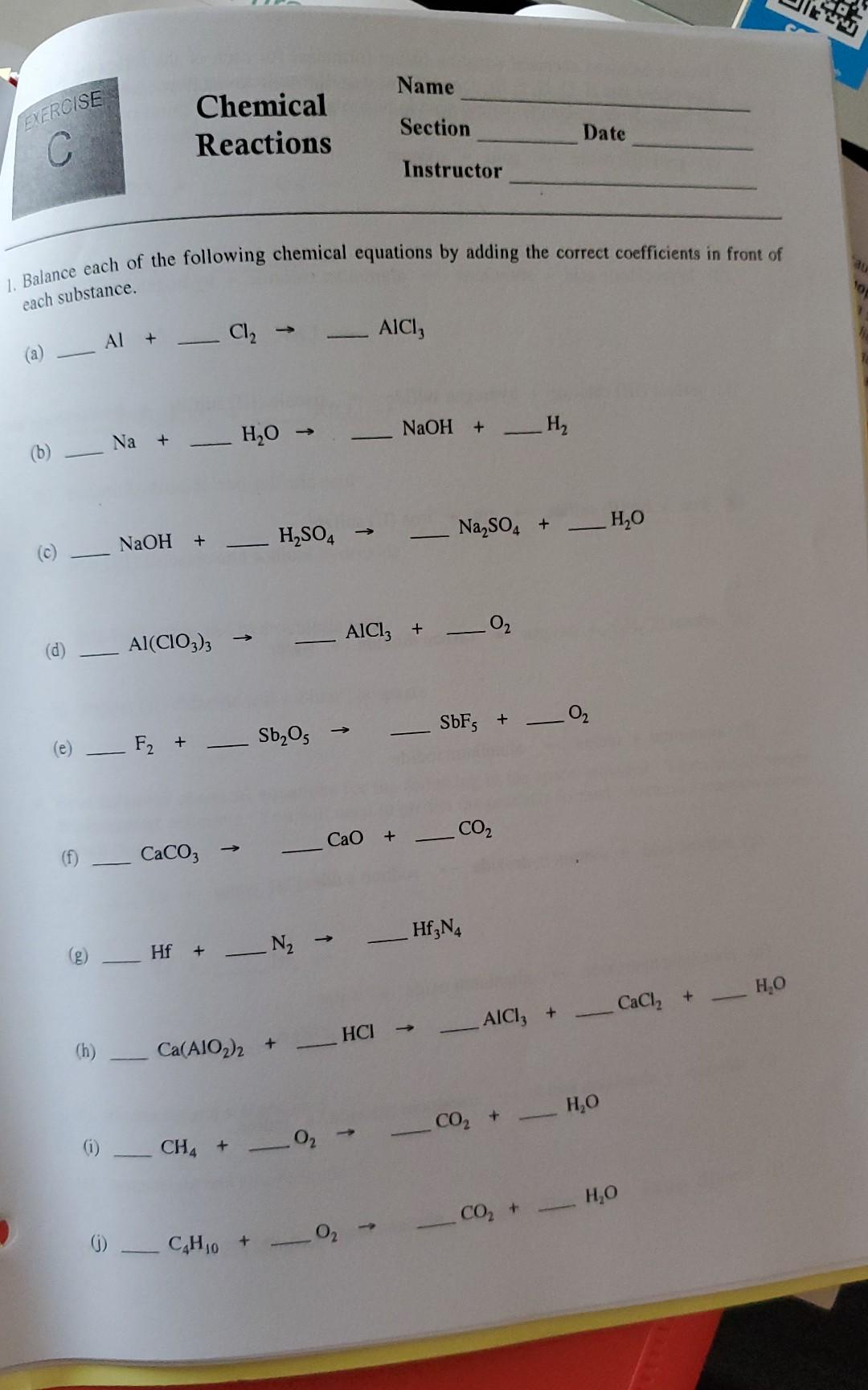 Solved Name EXERCISE Chemical Reactions Section Date C | Chegg.com