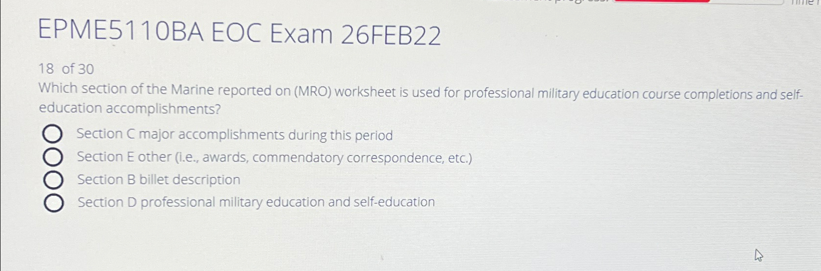 Solved EPME5110BA EOC Exam 26FEB2218 ﻿of 30Which section of | Chegg.com