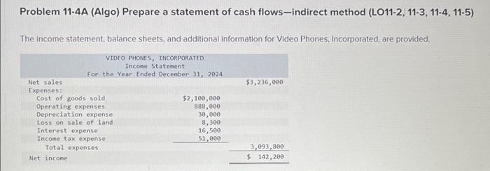 Solved Problem 11-4A (Algo) Prepare a statement of cash | Chegg.com