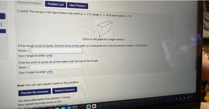 Solved (1 point) The trough in the figure below has width | Chegg.com