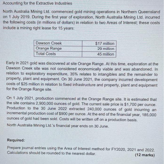 Solved Accounting for the Extractive Industries North | Chegg.com