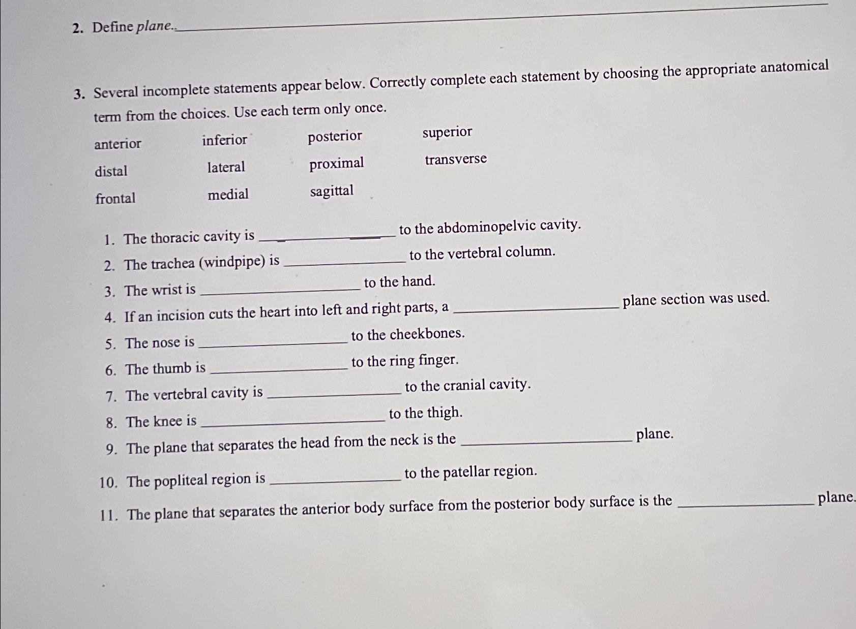 Solved Define plane.Several incomplete statements appear | Chegg.com