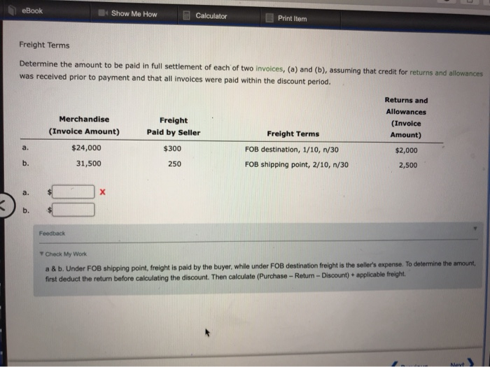 Solved eBook Show Me How Calculator Print Item Freight Terms