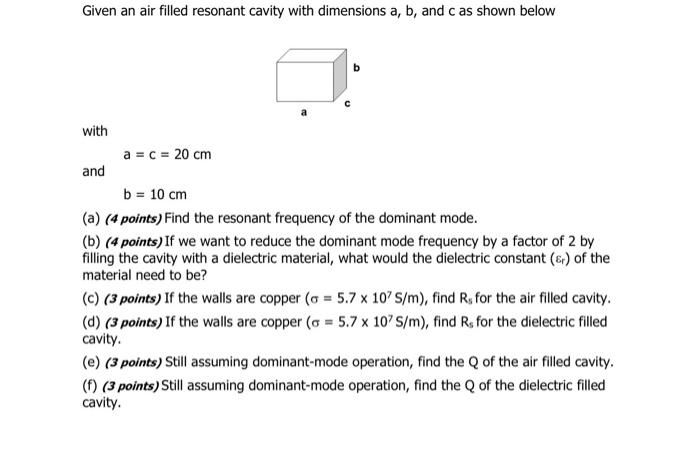 Solved Given an air filled resonant cavity with dimensions | Chegg.com